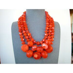 Vintage Acrylic Chunky Faceted Orange Bead Necklace & Earrings Set